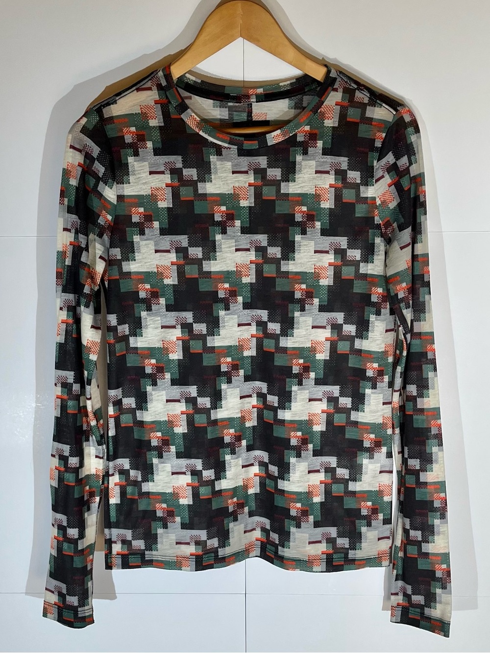 rag & bone, 2014, long-Sleeve semi-sheer pixelated print in blk, wt, grn, orange